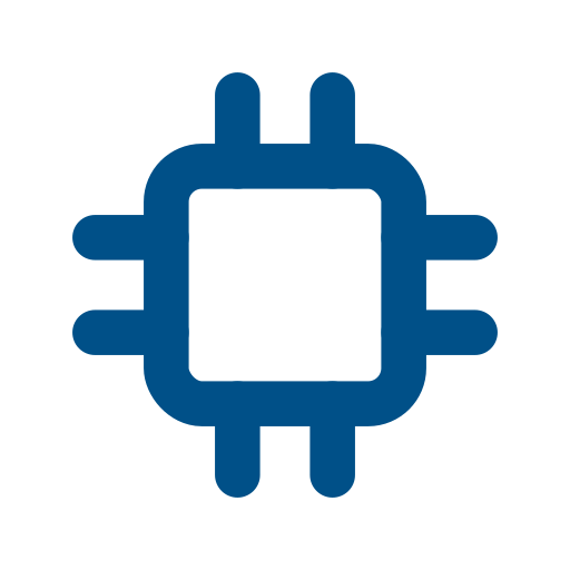 Blue computer chip icon with a square center and multiple protruding lines on each side.