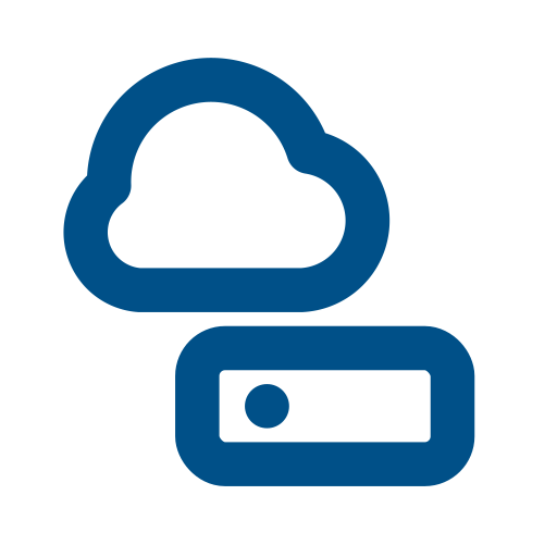 Icon of a cloud with an arrow pointing upward and a control button below, representing cloud upload or cloud storage.