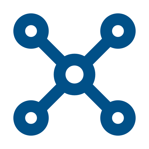 Icon of a network with five circles connected by lines, representing connectivity or a graph structure.
