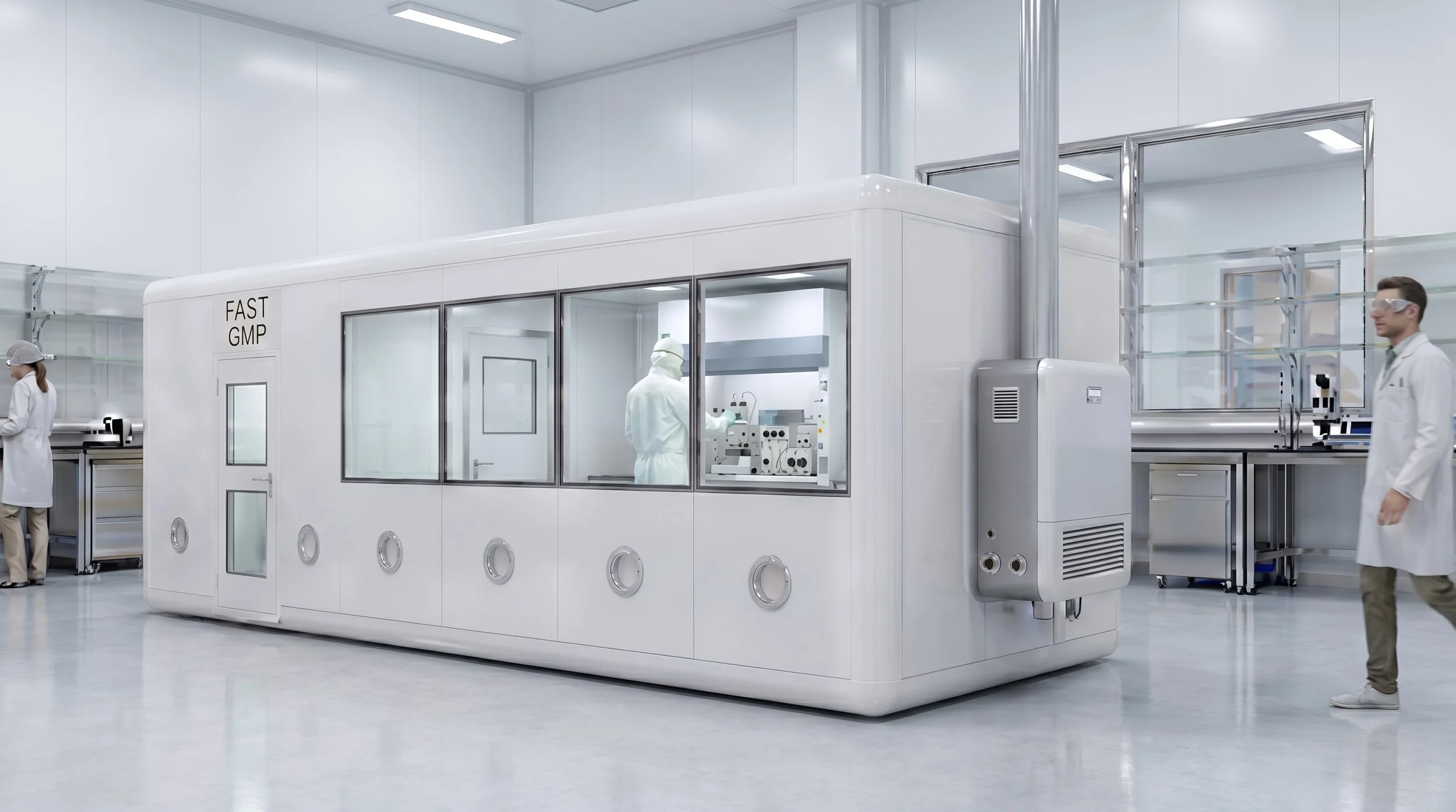 Cleanroom with scientists working on a bioresearch machine labeled FAST GMP, surrounded by sterile equipment, in a high-tech laboratory.