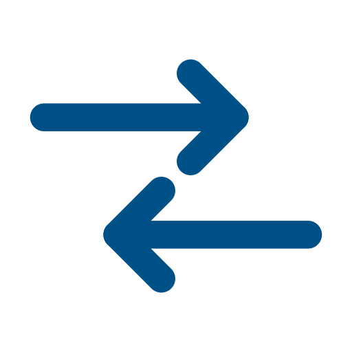 Left arrow pointing to the right above a downward arrow pointing to the left, both in blue.