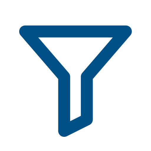 Icon of a funnel, with a wide top, narrow middle, and wider bottom, in dark blue.