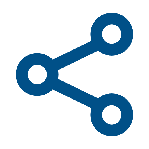 A simple blue icon representing a share or connect symbol with three connected circles linked by two lines.
