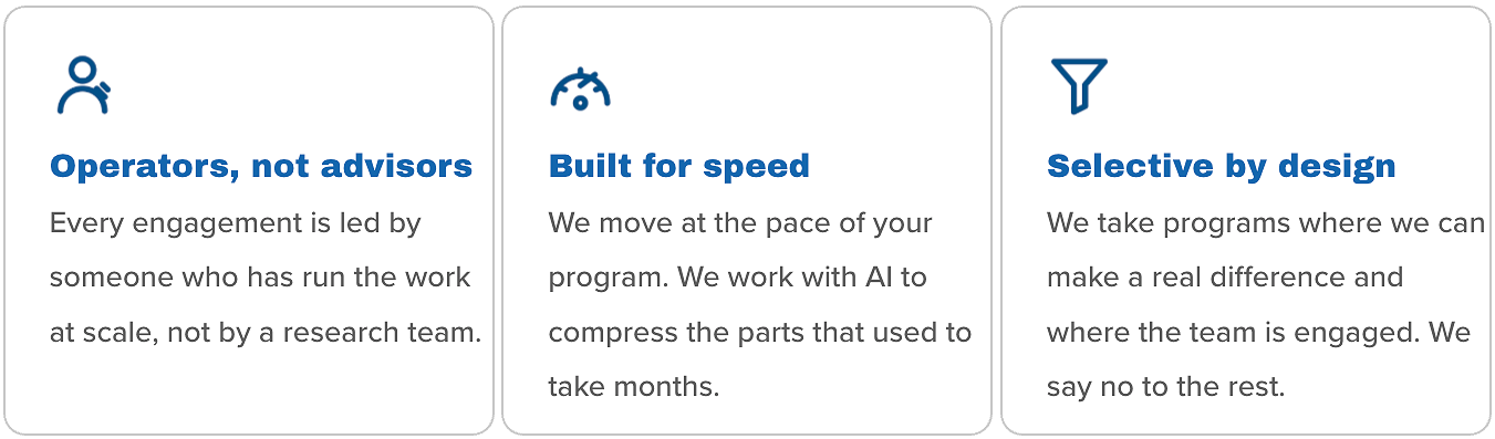 Three infographic sections with icons and text. The first section has an icon of a person and the text 'Operators, not advisors' followed by a description. The second section has a speedometer icon and the text 'Built for speed' with a description. The third section has a funnel icon and the text 'Selective by design' with a description.