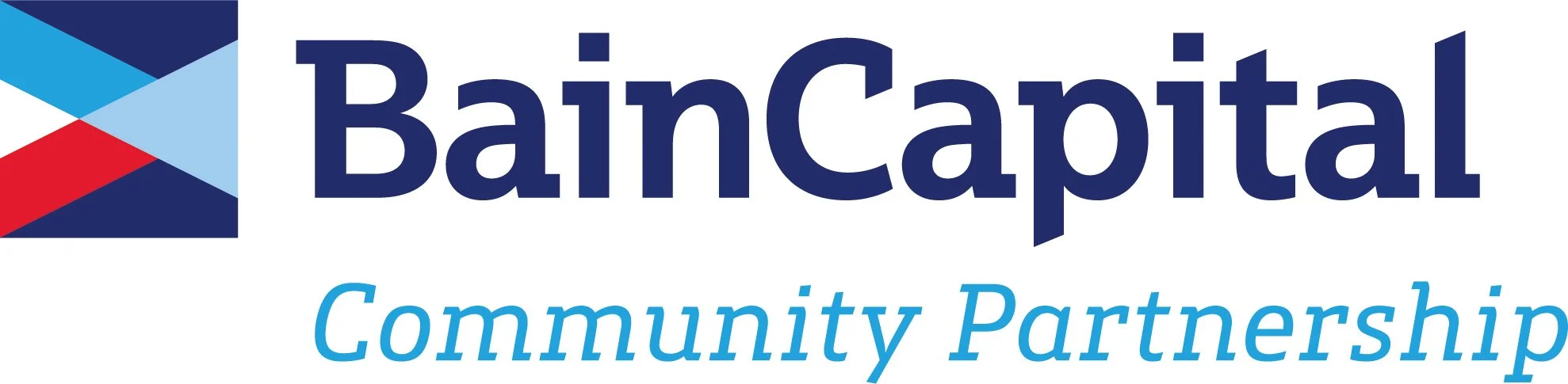 Logo of Bain Capital Community Partnership with a stylized geometric design in red, light blue, dark blue, and navy blue, and text in bold and italics.