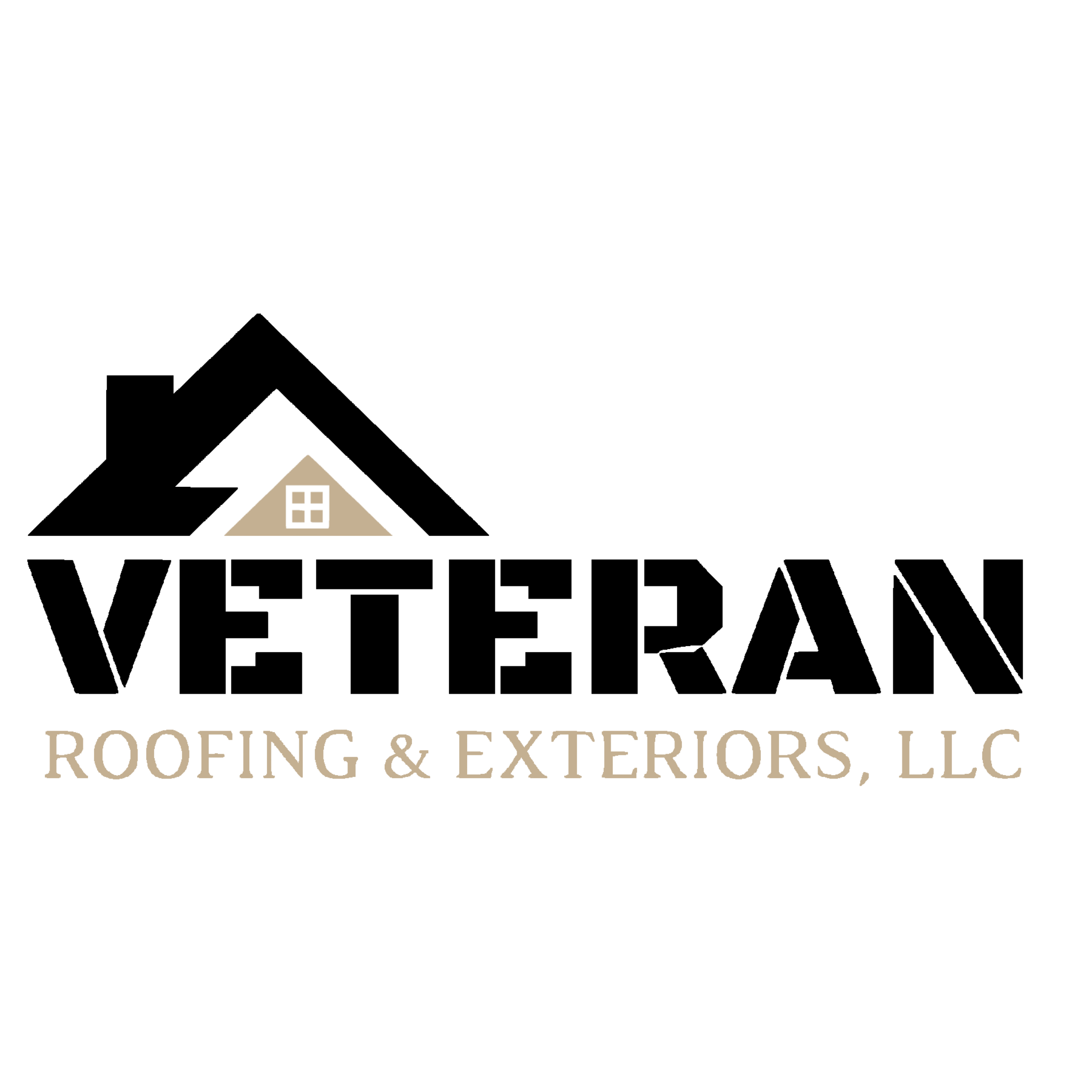 Logo for Roofing & Exteriors, LLC featuring a beige house roof with a window and the company name beneath.