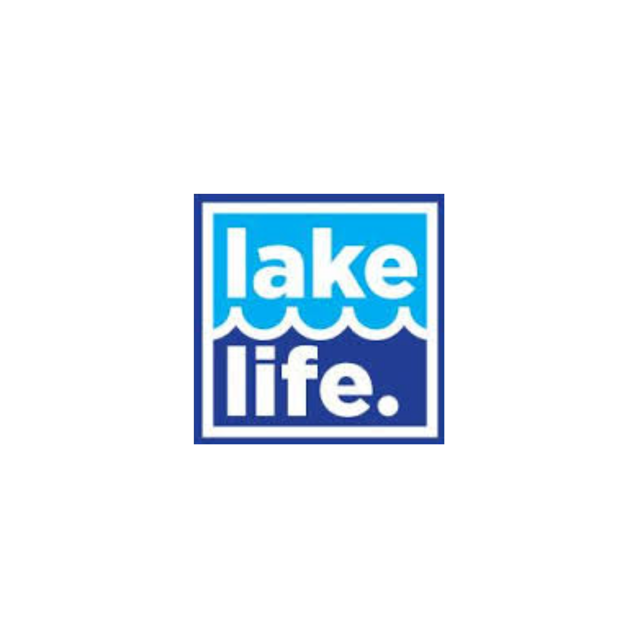 Logo for Lake Life featuring the words 'lake life' in white text, with the top half in a light blue background with stylized wavy lines, and the bottom half in a darker blue background.