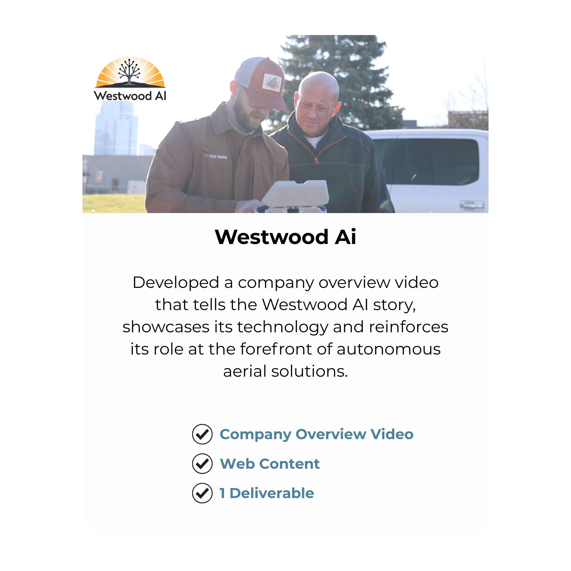 A screenshot of a webpage titled 'Westwood Ai' with a photo of two men outdoors, one holding a tablet or device. The webpage describes Westwood Ai's company overview video, highlighting its technology and role in autonomous aerial solutions. The Westwood Ai logo, a stylized tree, is in the top left corner.