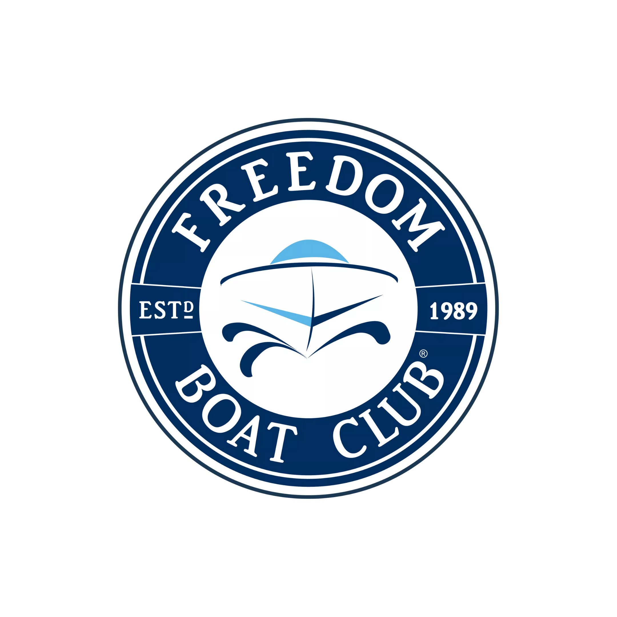 Logo of the Freedom Boat Club, established in 1989, featuring a stylized boat and nautical elements in blue and white.