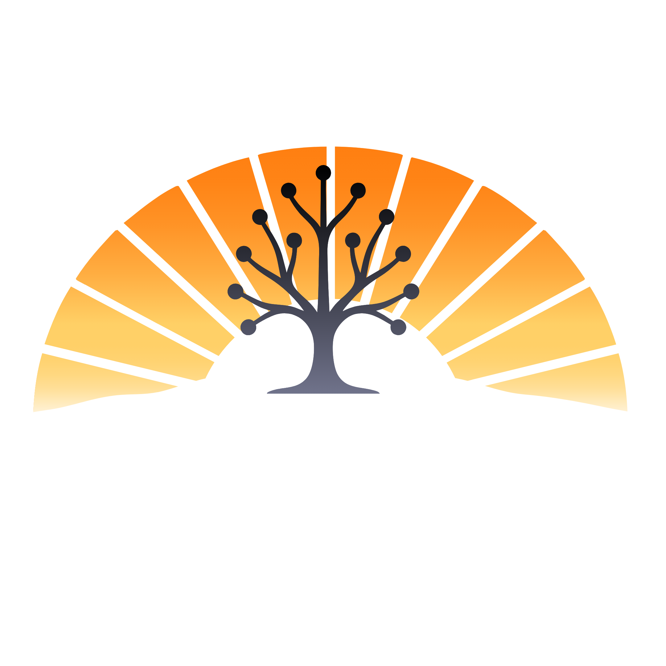 Illustration of a neural network tree with roots, set against a sunrise background with orange and yellow rays.