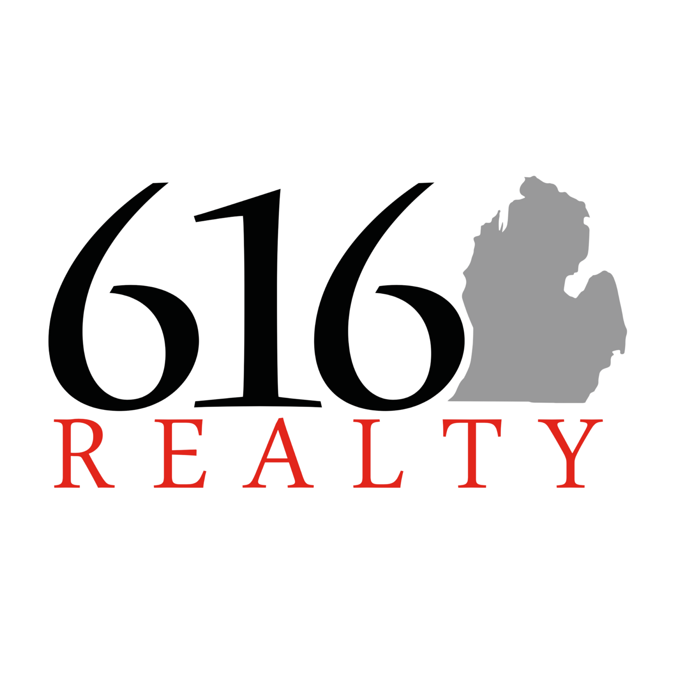 Logo for 616 Realty featuring the number 616 with a blue and gray map outline and the word 'REALTY' in red below.