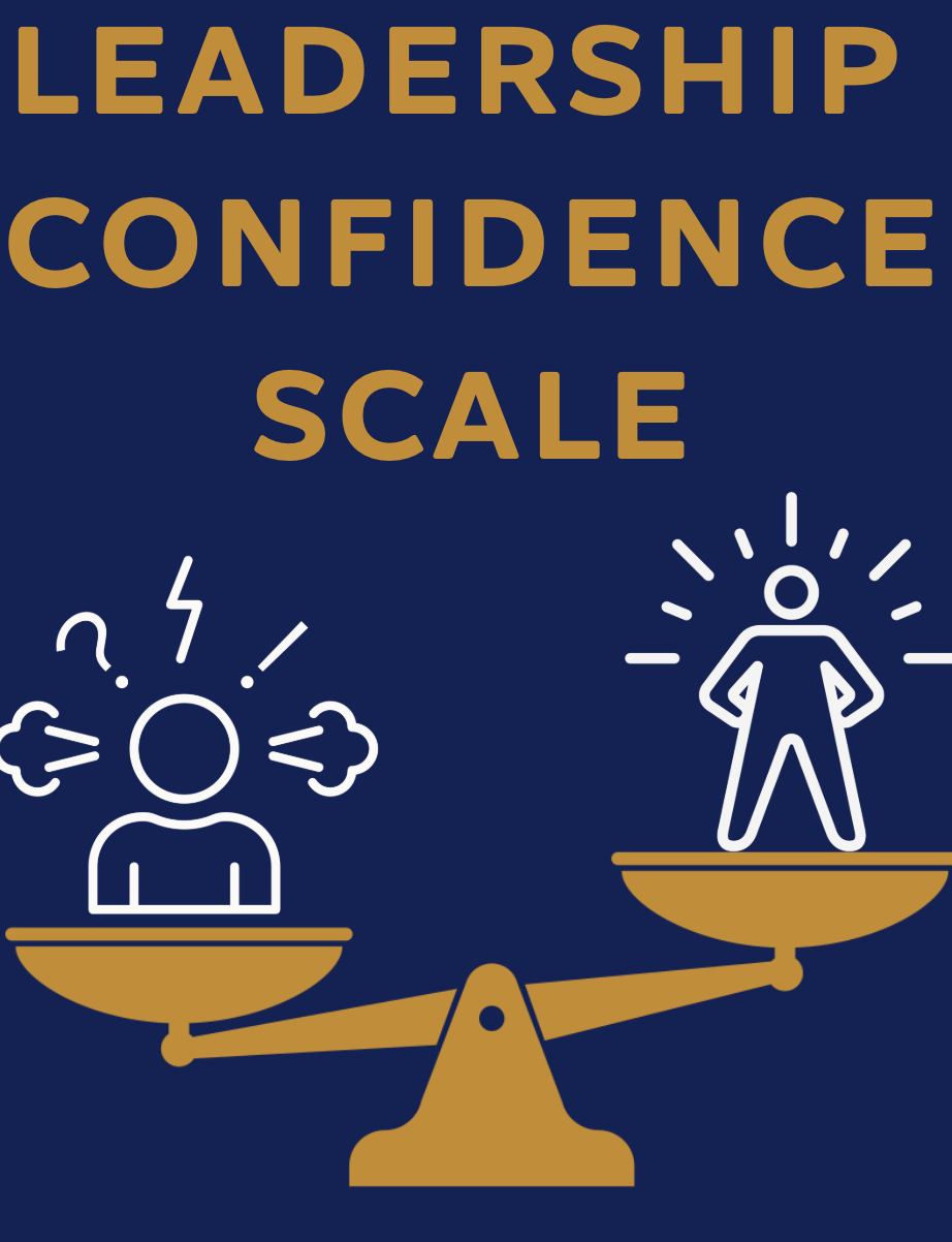 Graphic showing a seesaw with a person on each side; one person appears stressed with clouds and question marks around head, the other is confident with rays around. Text reads 'Leadership Confidence Scale' in large gold letters on a navy background.