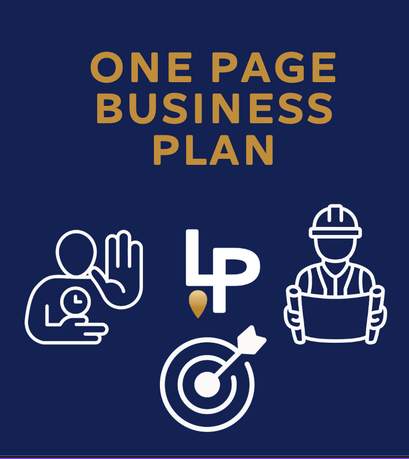 Cover of a business plan titled 'One Page Business Plan' with icons representing time management, a location marker, a worker with a hard hat holding a blueprint, and a target with an arrow.