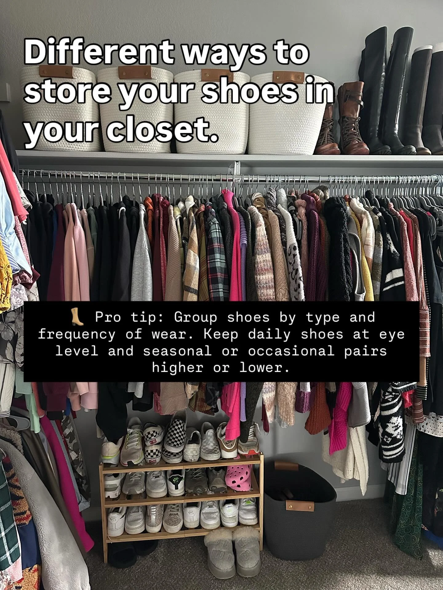 👠 Different Ways to Store Shoes in Your Closet 👟
A well-organized shoe setup not only saves space, it protects your shoes and makes getting dressed easier. Here are several functional (and beautiful) ways to store shoes in your closet:

✨ Shoe rack