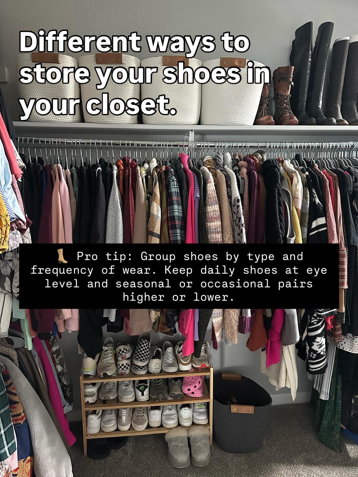 👠 Different Ways to Store Shoes in Your Closet 👟
A well-organized shoe setup not only saves space, it protects your shoes and makes getting dressed easier. Here are several functional (and beautiful) ways to store shoes in your closet:

✨ Shoe rack