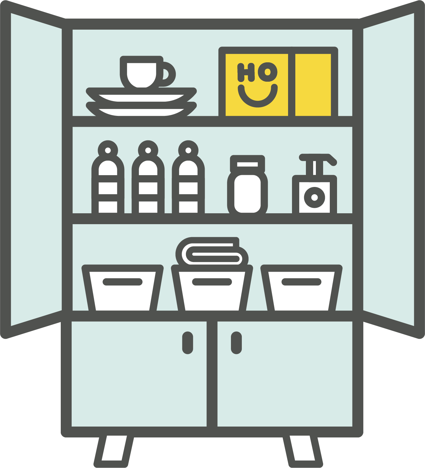 Open blue cabinet with shelves containing dishes, boxes, bottles, a soap dispenser, and three containers on the bottom shelf.