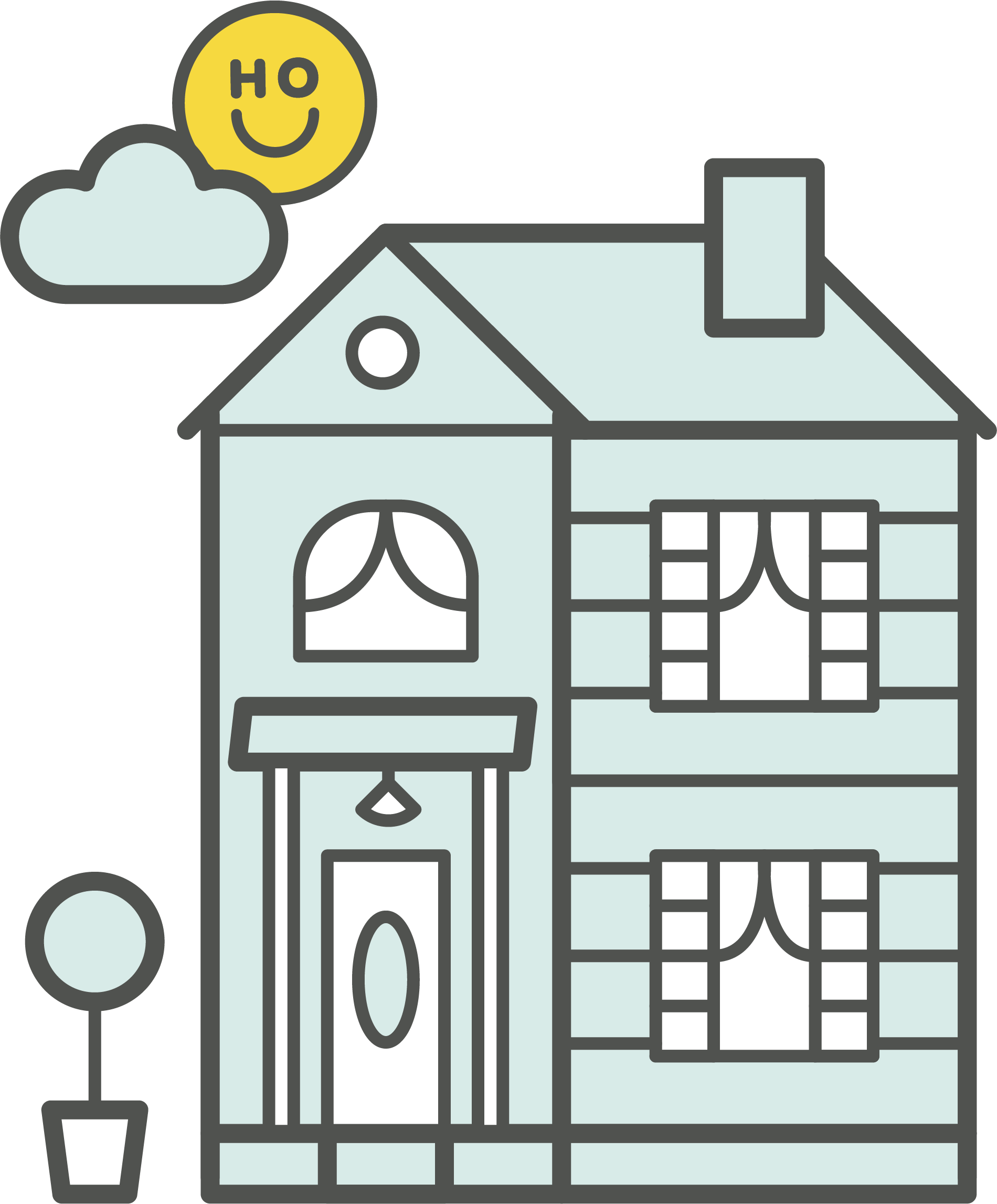 A house with a chimney, a garage with a checkered door, a tree in front, and a sun with a smiling face and the word 'HO' in a cloud in the sky.