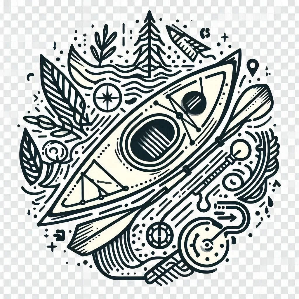 Illustrated design of a kayak surrounded by nature elements, including trees, leaves, water waves, a paddle, and directional symbols.