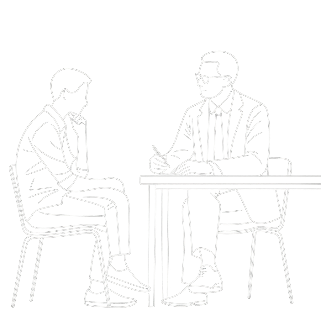 A black and white illustration of a job interview scene with two men sitting across from each other at a table. The man on the left appears to be the interviewee, sitting with his chin resting on his hand, while the man on the right, probably the int