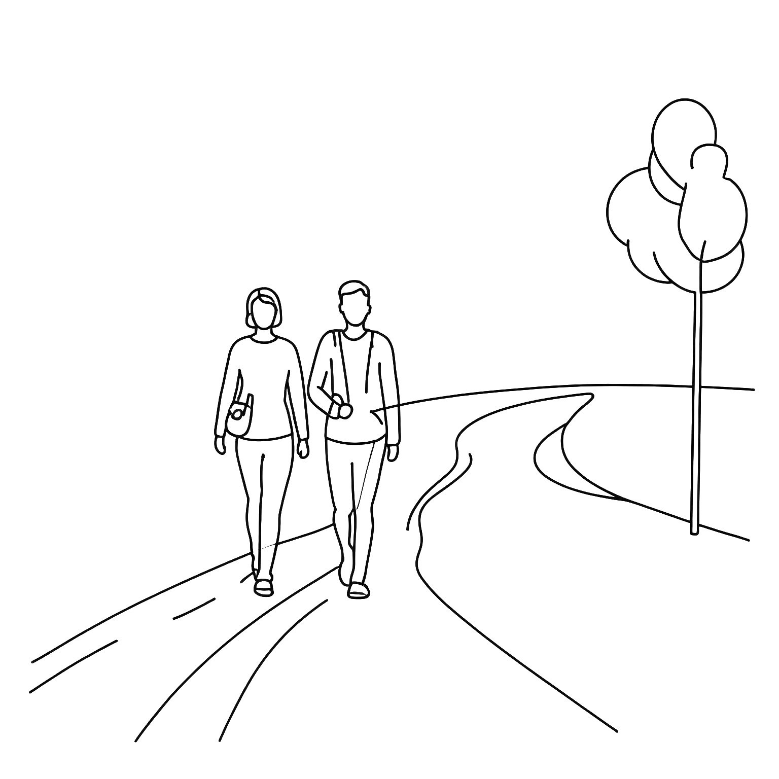 Line drawing of two people walking on a path with a tree nearby.