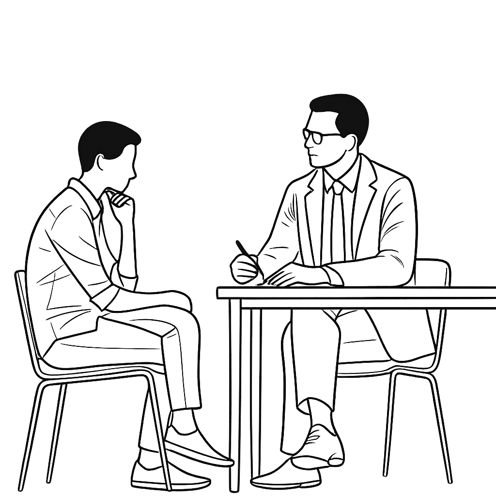 A black and white illustration of a job interview scene with two men sitting across from each other at a table. The man on the left appears to be the interviewee, sitting with his chin resting on his hand, while the man on the right, probably the interviewer, is writing with a pen.