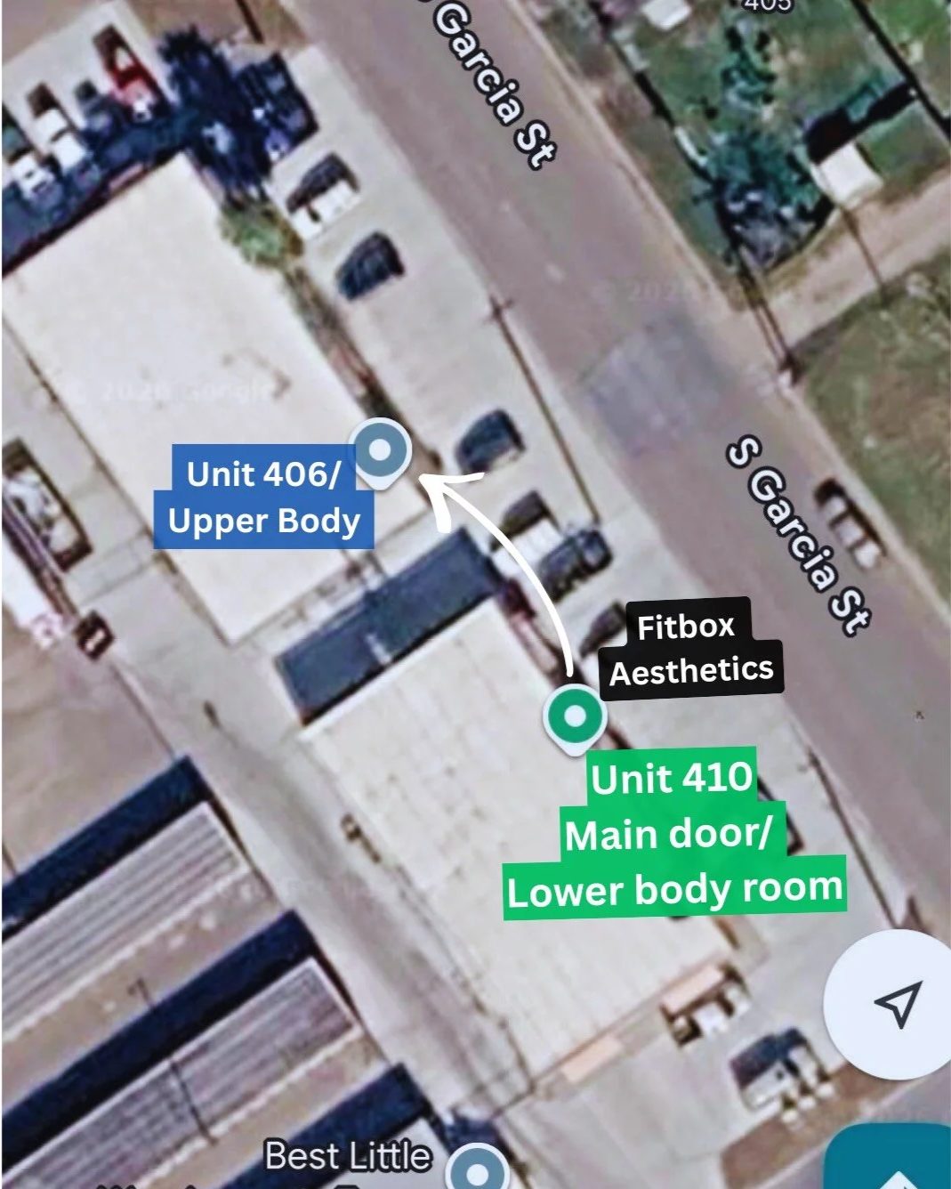 Satellite view of a building and surrounding parking lot with labels indicating units 406 and 410, a fitness center called Fitbox Aesthetics, and street names Garcia Street and S Garcia Street.
