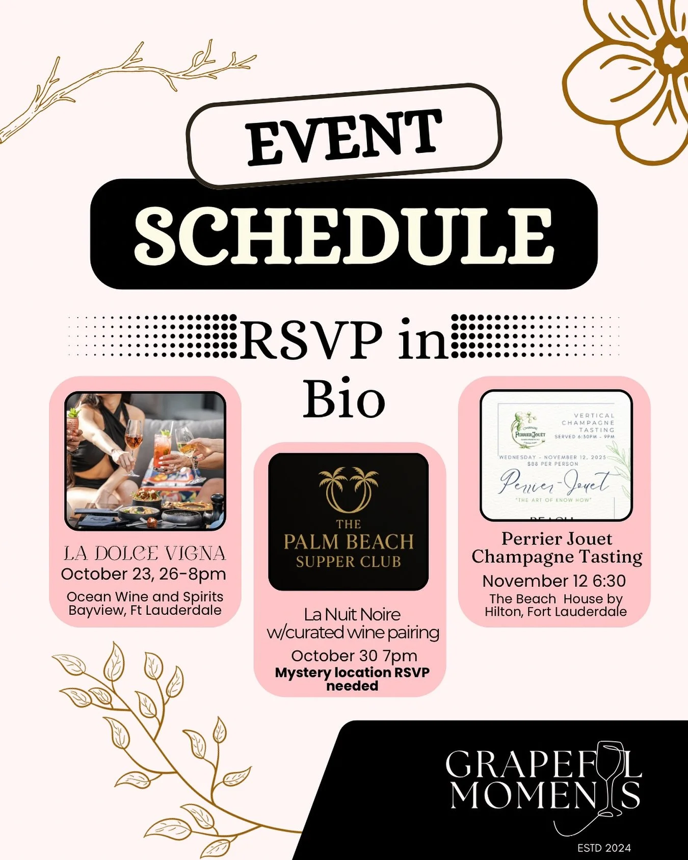 Sip, learn, and enjoy! Join one of my upcoming Grapeful Moments wine tastings &mdash; featuring curated wine pairings, fun wine education, and stunning event design.
Tickets are limited! Explore upcoming wine events in Florida. Link in bio or DM for 