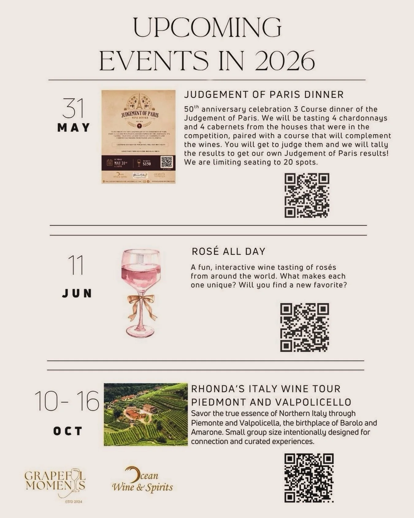 Upcoming events. Links in bio 

Judgement of Paris dinner
Ros&eacute; Tasting
Wine Tour to Italy