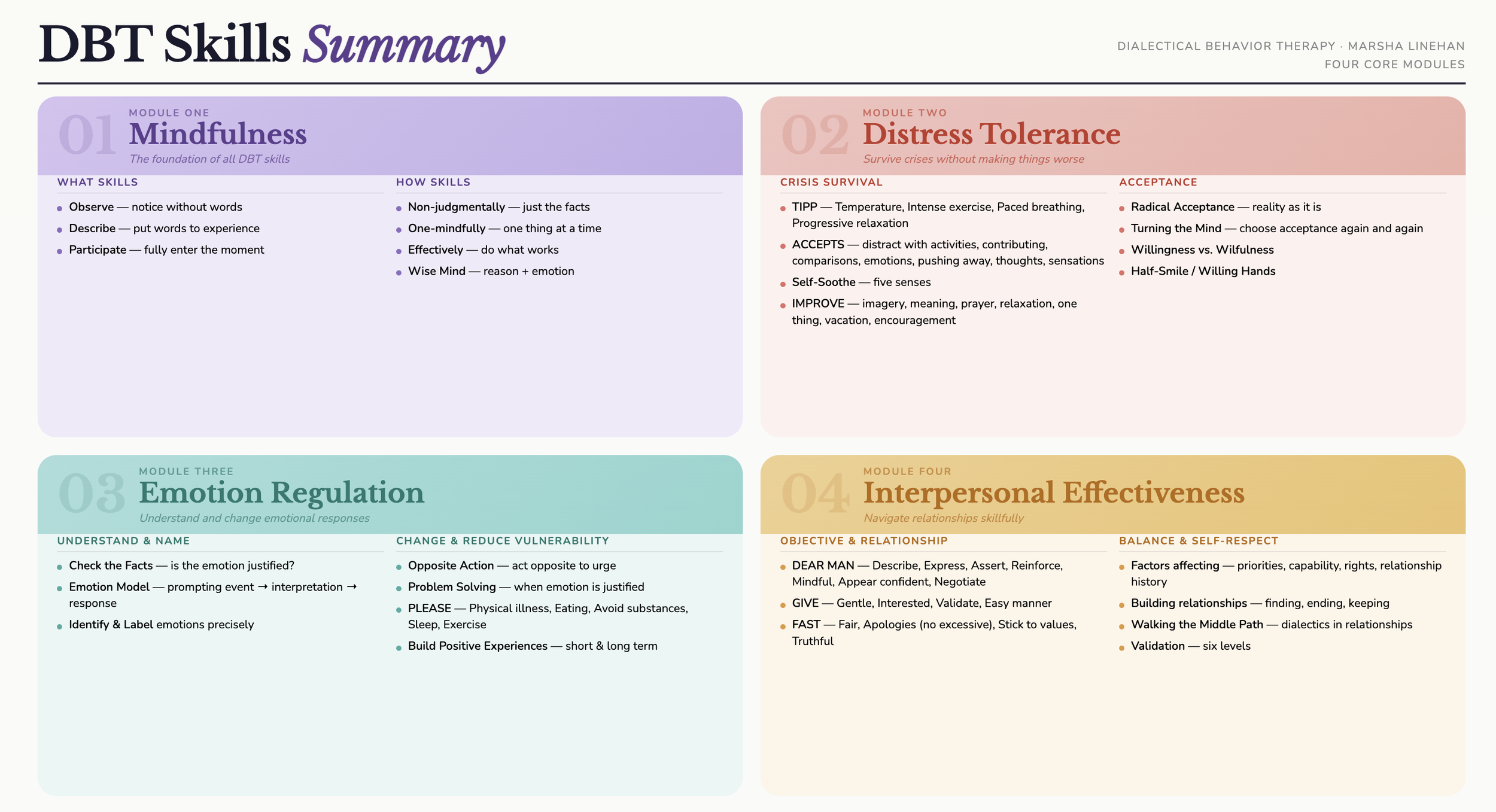 A colorful infographic summarizing four core modules of Dialectical Behavior Therapy (DBT) skills: Module 1 Mindfulness in purple, Module 2 Distress Tolerance in red, Module 3 Emotion Regulation in teal, and Module 4 Interpersonal Effectiveness in yellow, with key points and skills listed under each module.