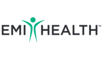 Logo for EM Health featuring a stylized person with outstretched arms in teal and gray text.