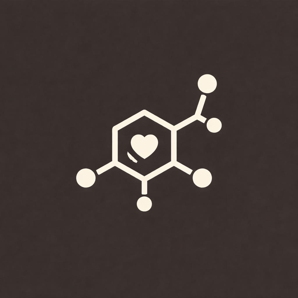 A minimalist white chemical structure with a heart symbol in the center on a dark background.