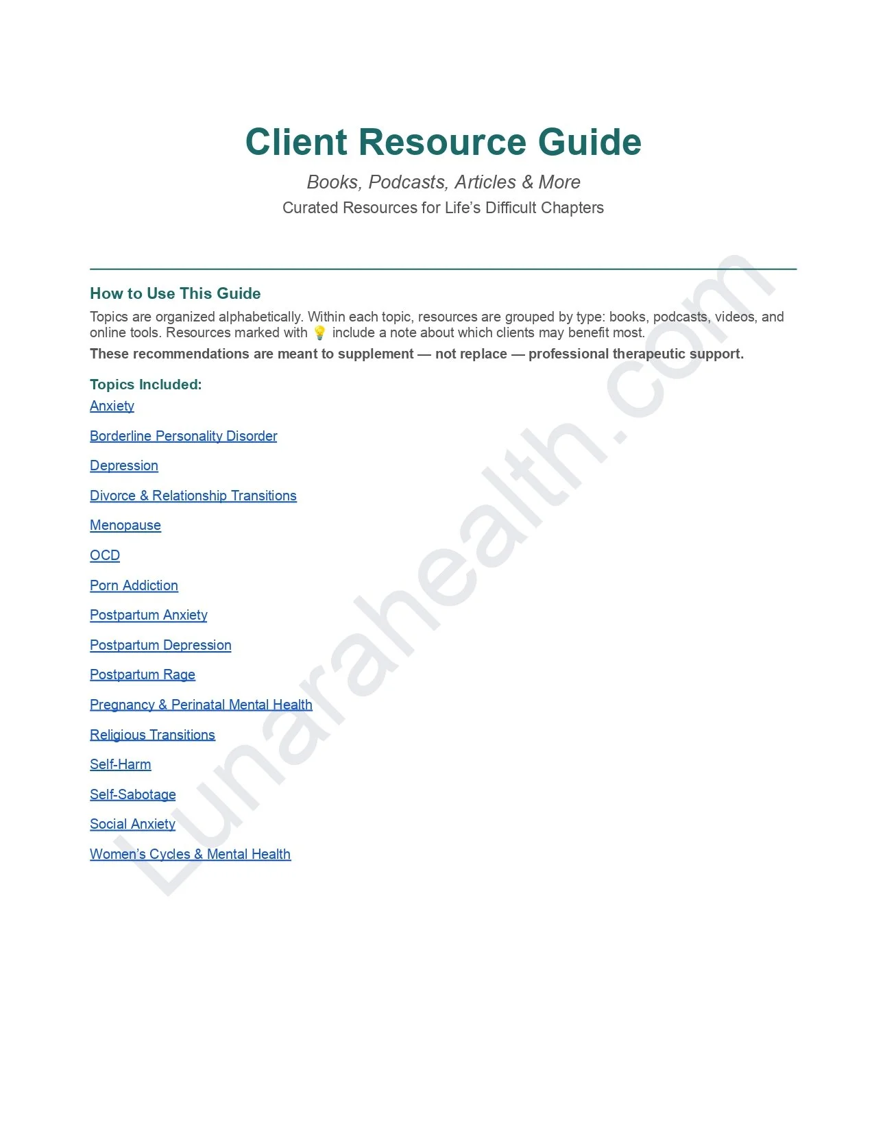 Screenshot of a client resource guide listing various mental health topics, including anxiety, depression, OCD, postpartum depression, and others, with links for further resources.