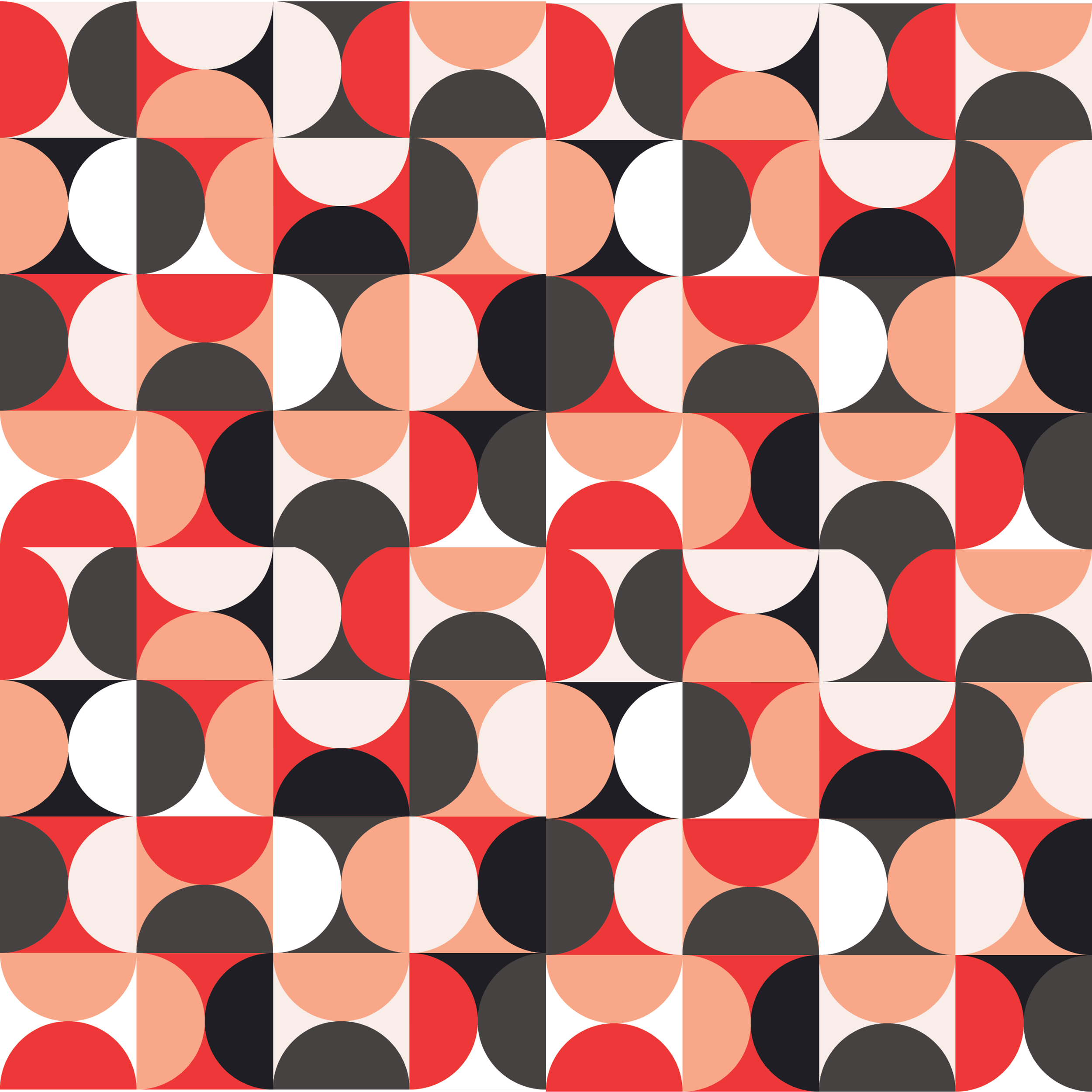 Pattern of circles arranged in a grid with colors including red, black, white, and shades of peach, creating a retro, geometric design.