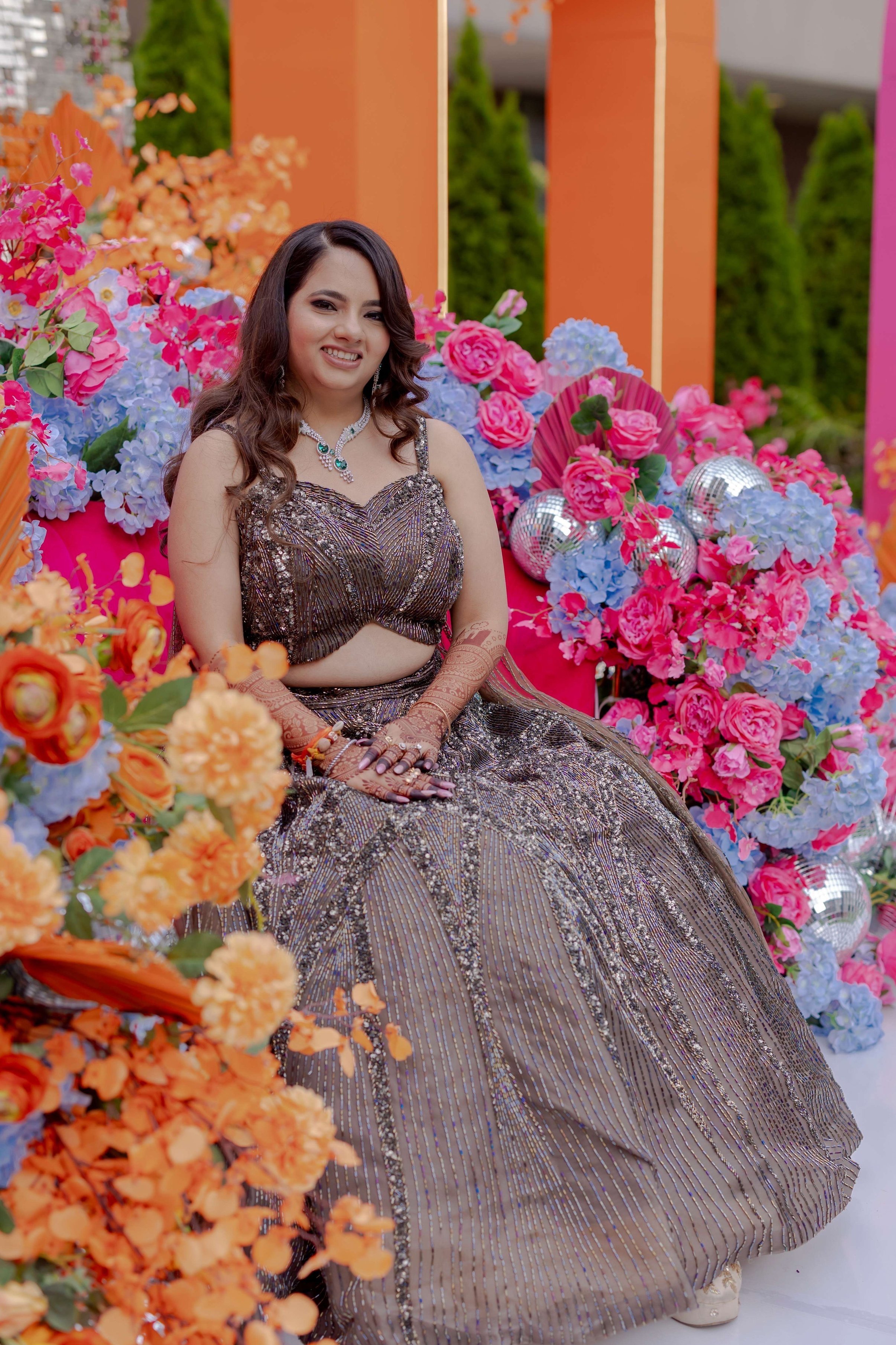 Indian Wedding Sangeet Led Strip, Decor Disco Balls, Orange and Pink Arches, Flowers, Disco Ball Shimmery Wall Marriott Springfield Massachusetts New England