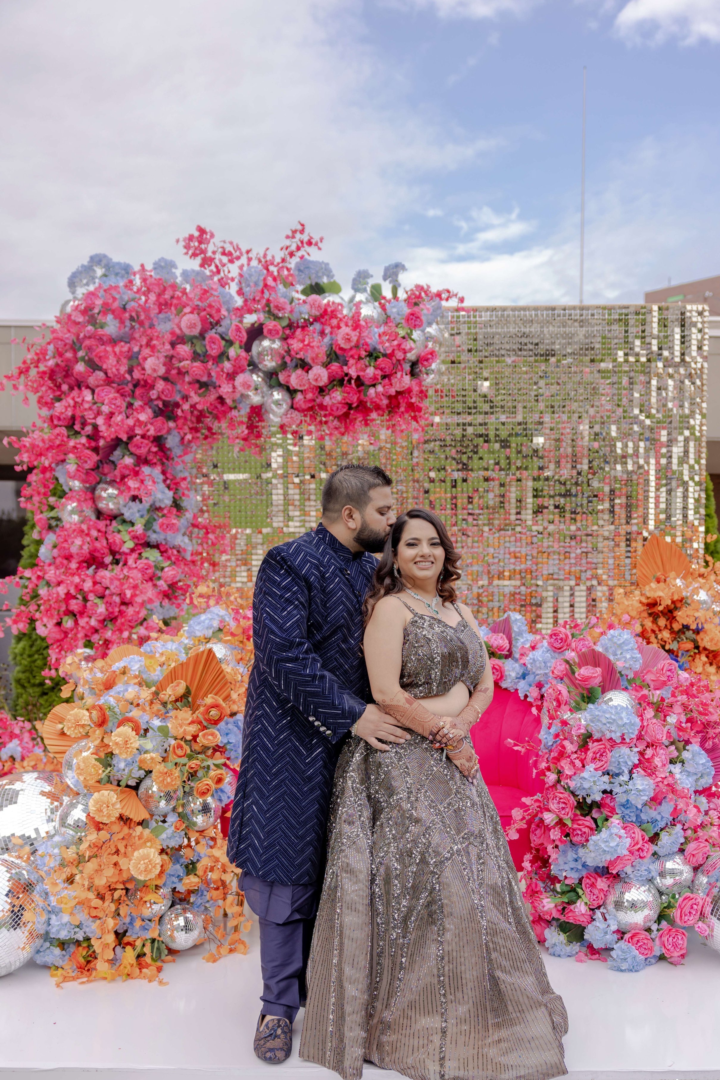 Indian Wedding Sangeet Led Strip, Decor Disco Balls, Orange and Pink Arches, Flowers, Disco Ball Shimmery Wall Marriott Springfield Massachusetts New England