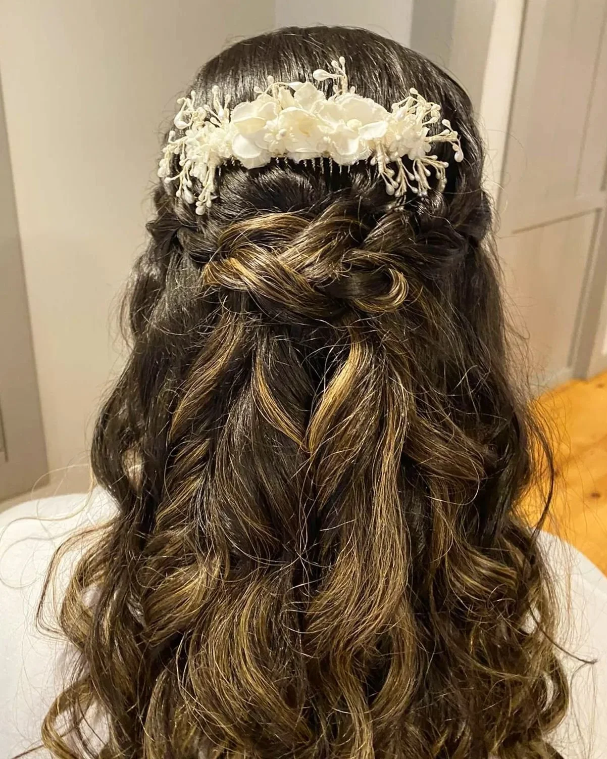 Pro pics coming soon, but I couldn't wait to share this project! 
Both the comb and pins are made from a vintage bridal headpiece worn by the grandmother of the bride on her wedding day. It was an honor to carefully take apart each piece and create s