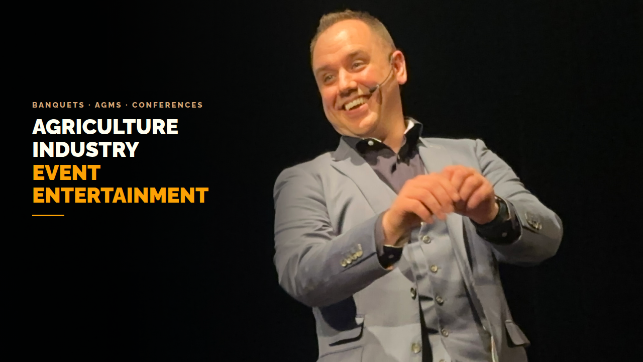Mentalist Jeff Newman performs on stage at a rural Alberta theatre, under the title Agriculture Industry Event Entertainment.