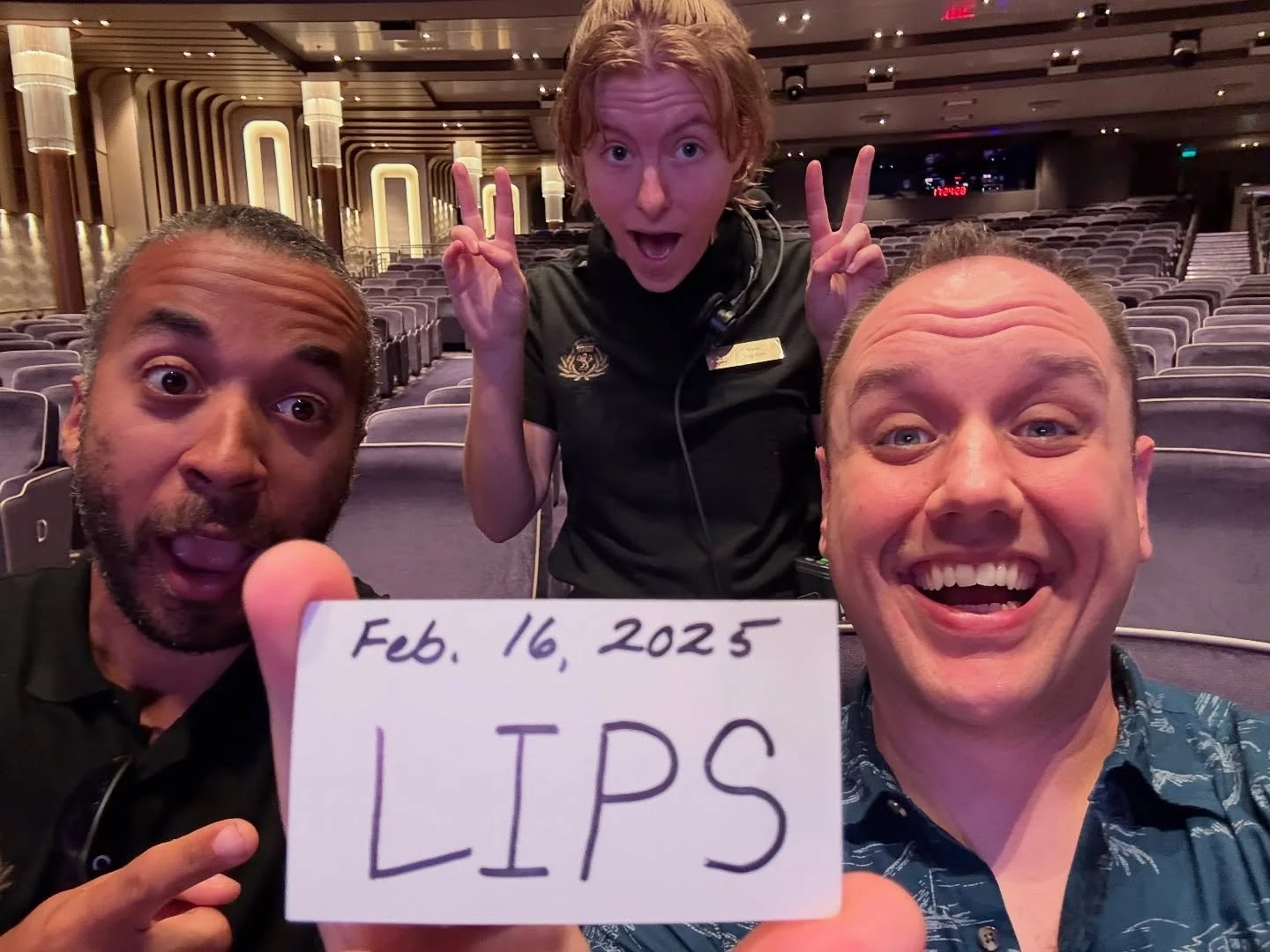 Second show, second selfie prediction! 

But, I could NOT do my show without the incredible team here including @danielnelson23 and @mimi.panzica aboard the Cunard Queen Anne. THANK YOU SO MUCH! 

But also, thank you for thinking of the word LIPS fro