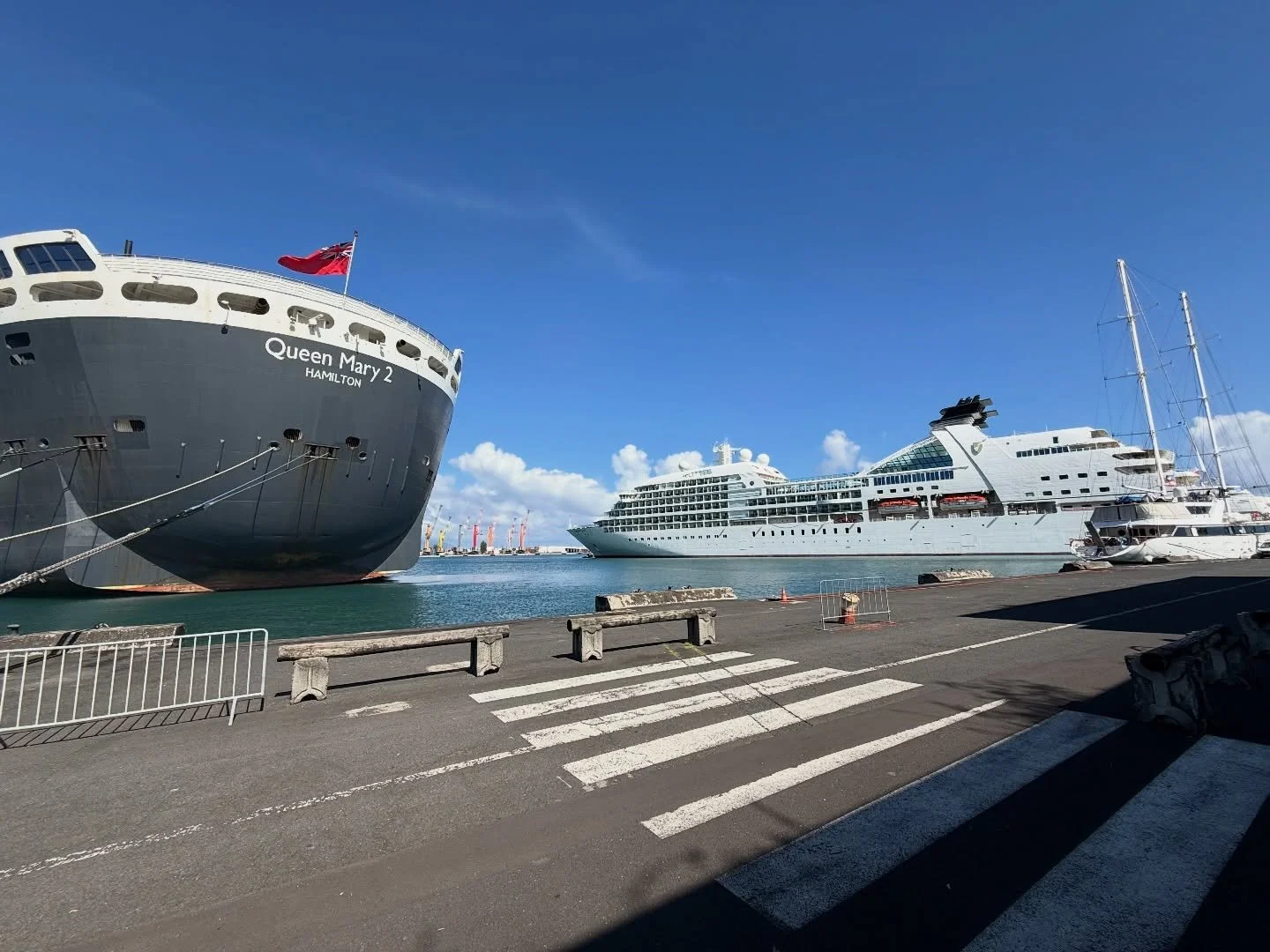 Fun fact: this is one of the largest ships I&rsquo;ve ever been on (Queen Mary 2) docked right next to one of the smallest ships I&rsquo;ve ever been on (Seabourn Quest). 

The world just got a little smaller, and a little cooler. 

#cruiseshiplife #