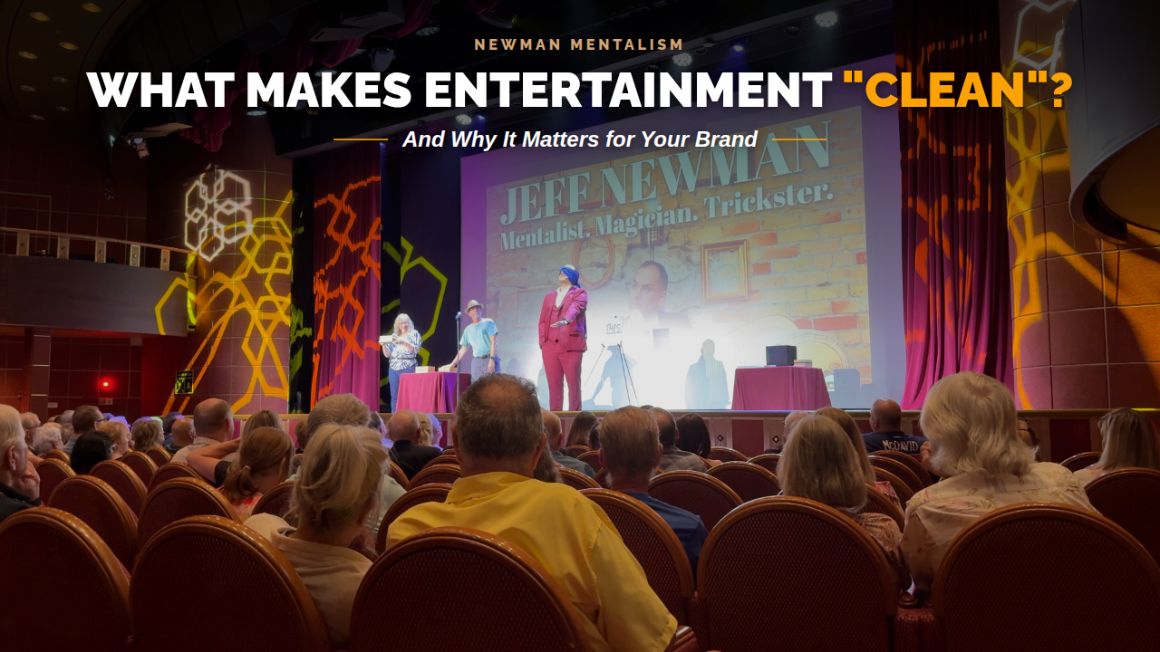 A full theatre audience watches mentalist Jeff Newman's stage show, under the title What Makes Entertainment Clean, and Why It Matters for Your Brand.