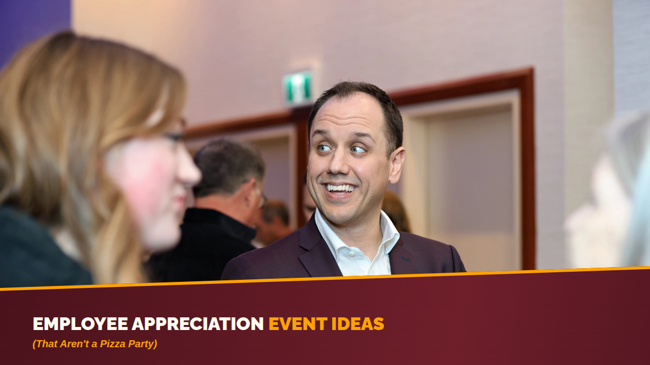 Guests laugh during a corporate performance by mentalist Jeff Newman, under the title Employee Appreciation Event Ideas That Aren't a Pizza Party.