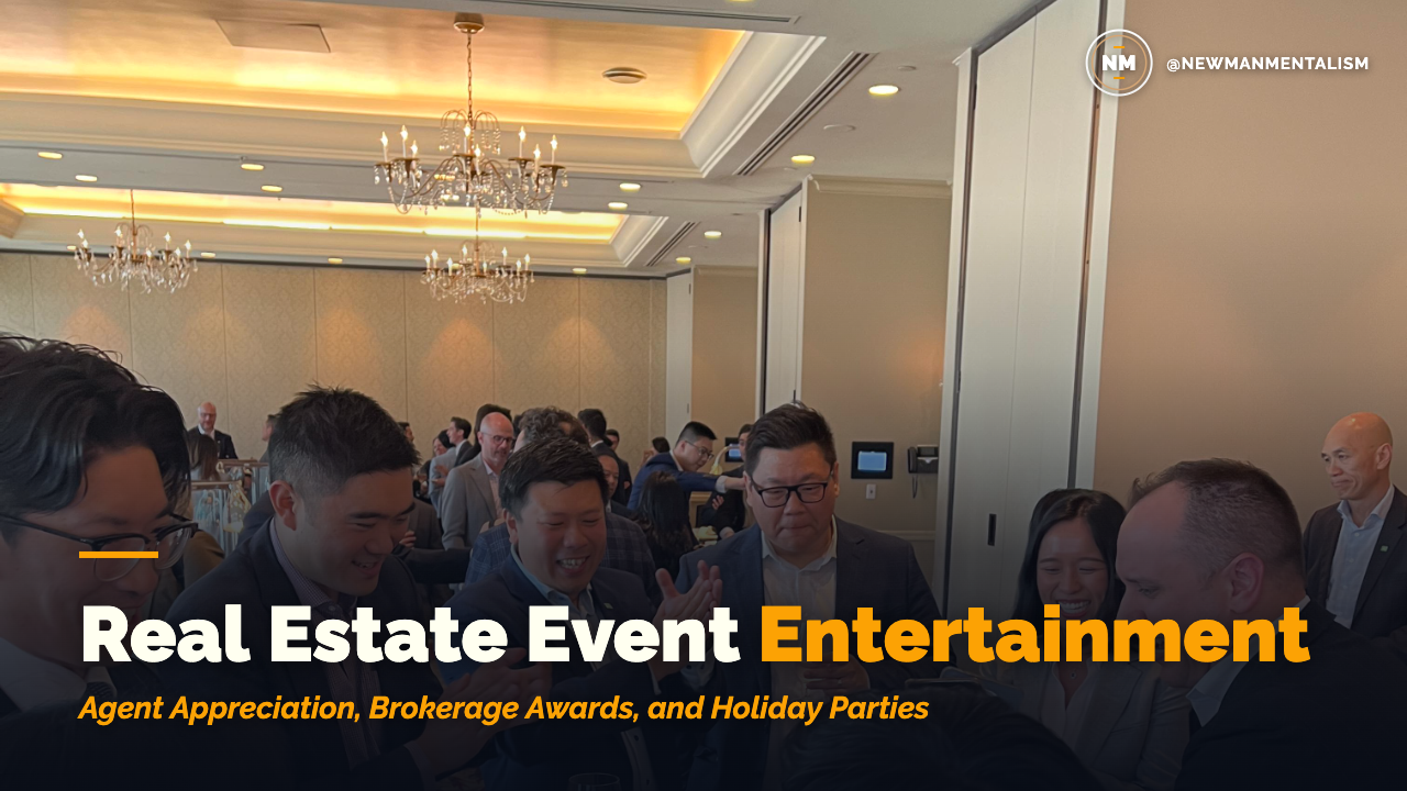 Editorial title card reading "Real Estate Event Entertainment, Agent Appreciation, Brokerage Awards, and Holiday Parties."