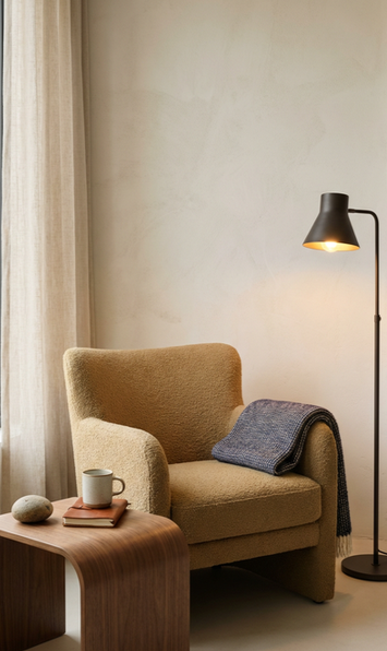 Comfortable armchair used to illustrate online telehealth psychology sessions.