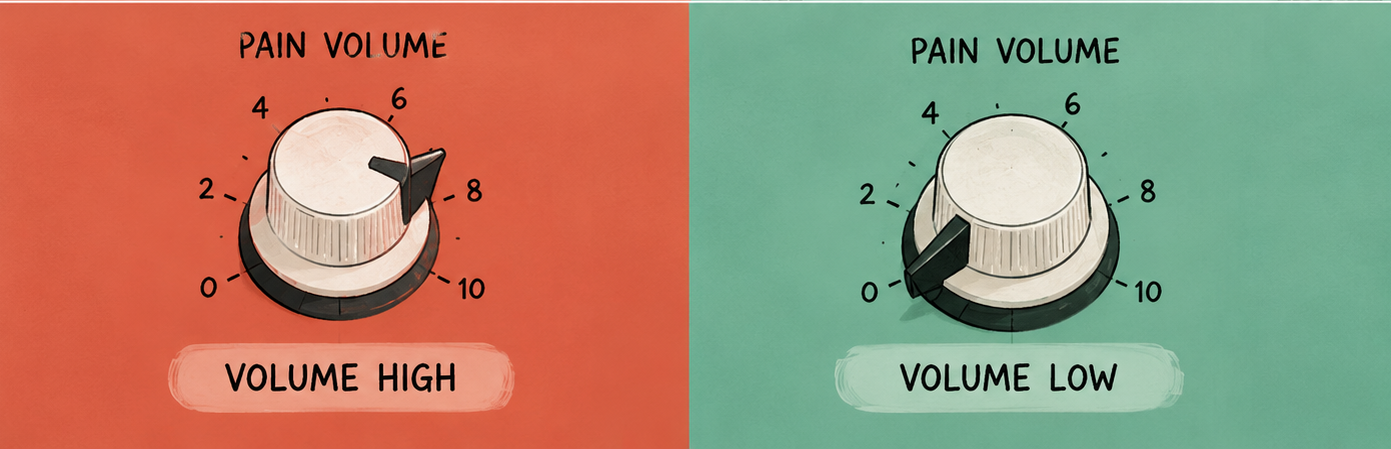 A conceptual dial resembling a volume knob labeled from low to high, illustrating how the brain can process and modulate the volume of pain signals.
