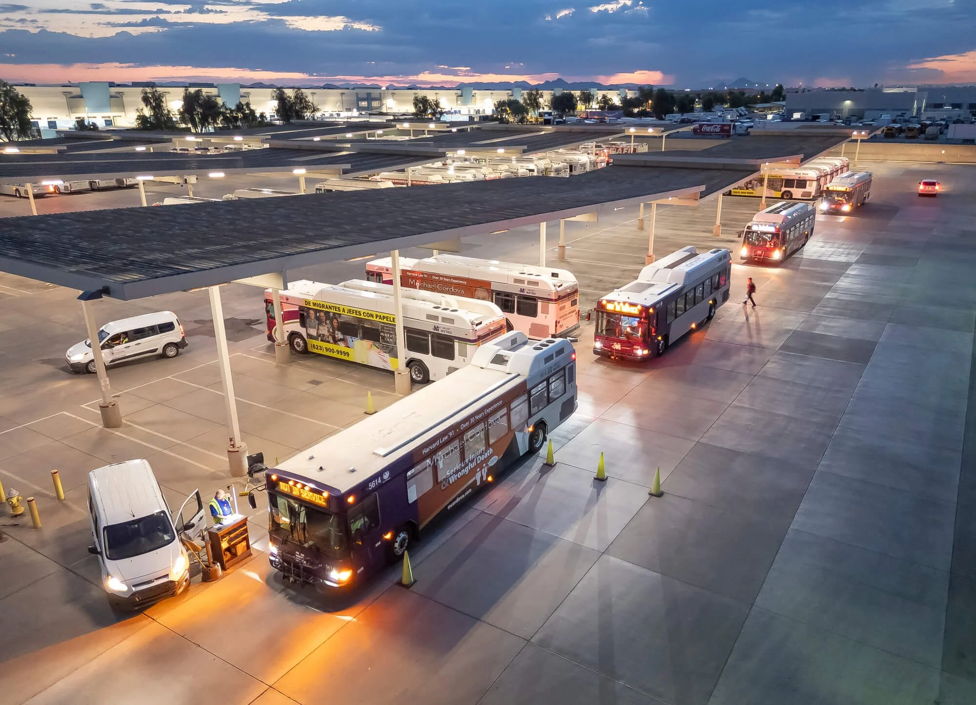 Buses in line waiting to leave a bus yard in San Diego. Shot for Transdev.