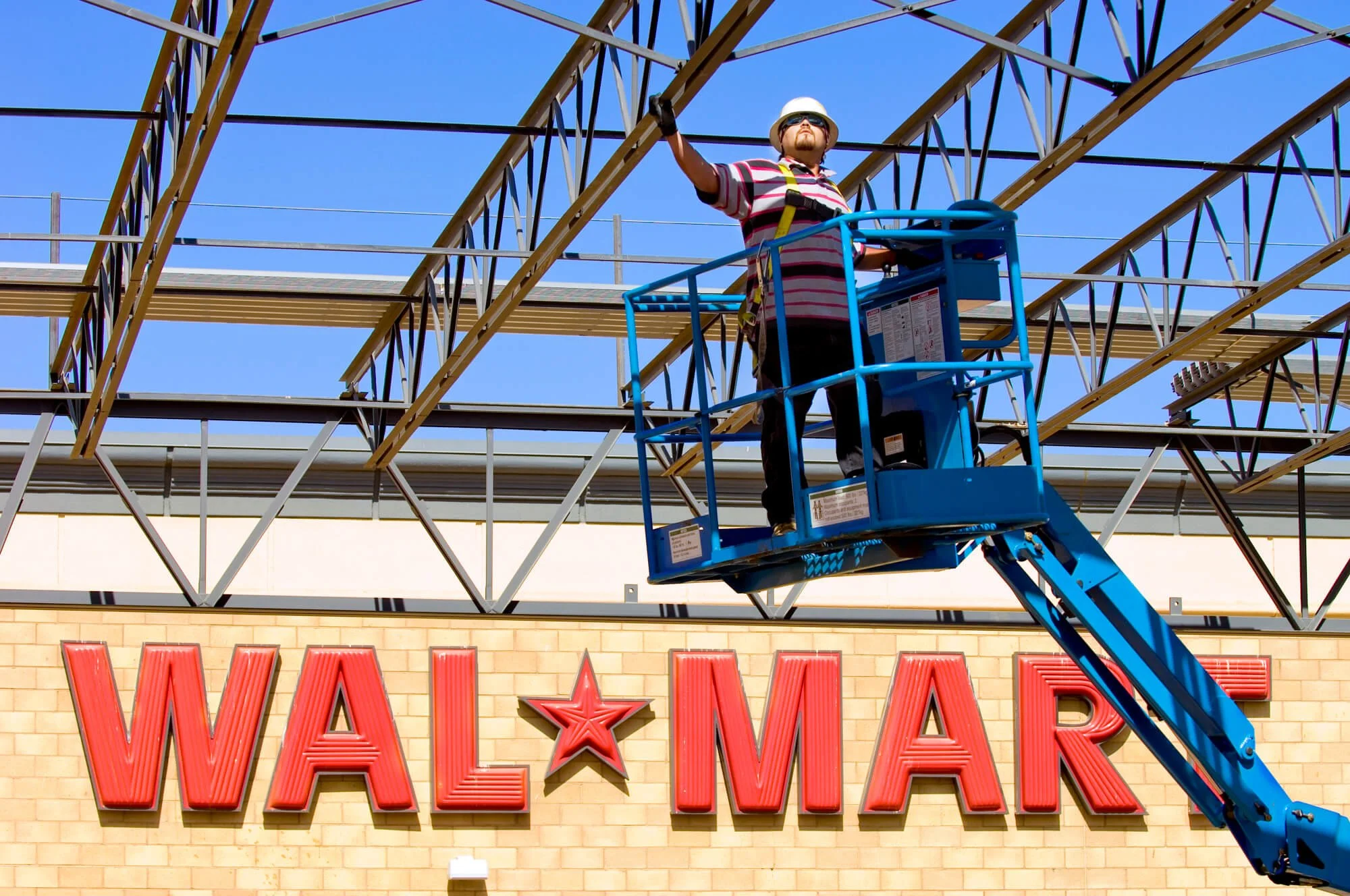 Construction worker during framing operation at a construciton of Wal Mart outside of San Diego