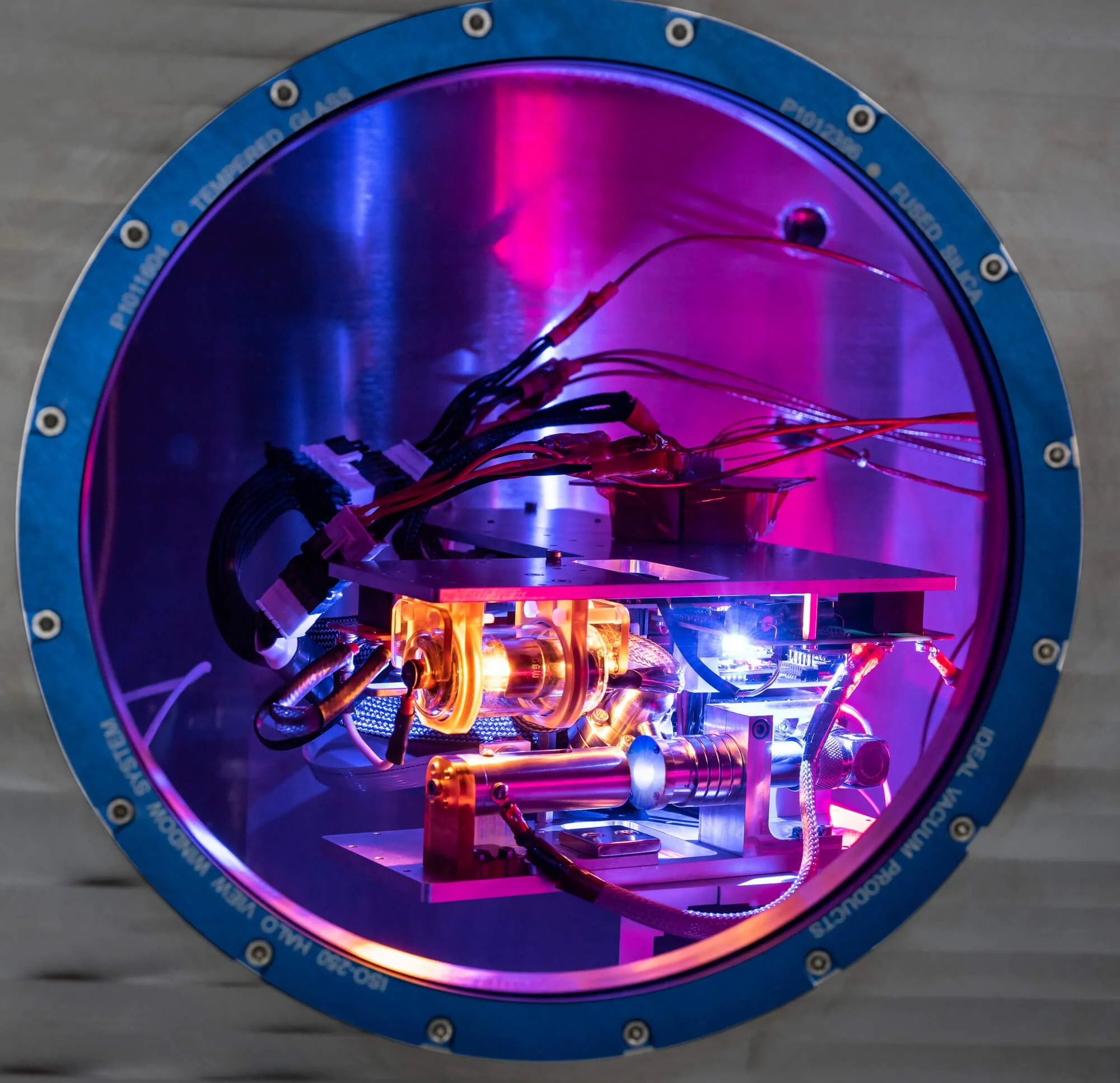 Industrial photograph of Astroforge's thermal nitrogen vacuum chamber, used in plasma vapor ionization with X-ray and infrared laser systems. Shot in Los Angeles for an American space startup.