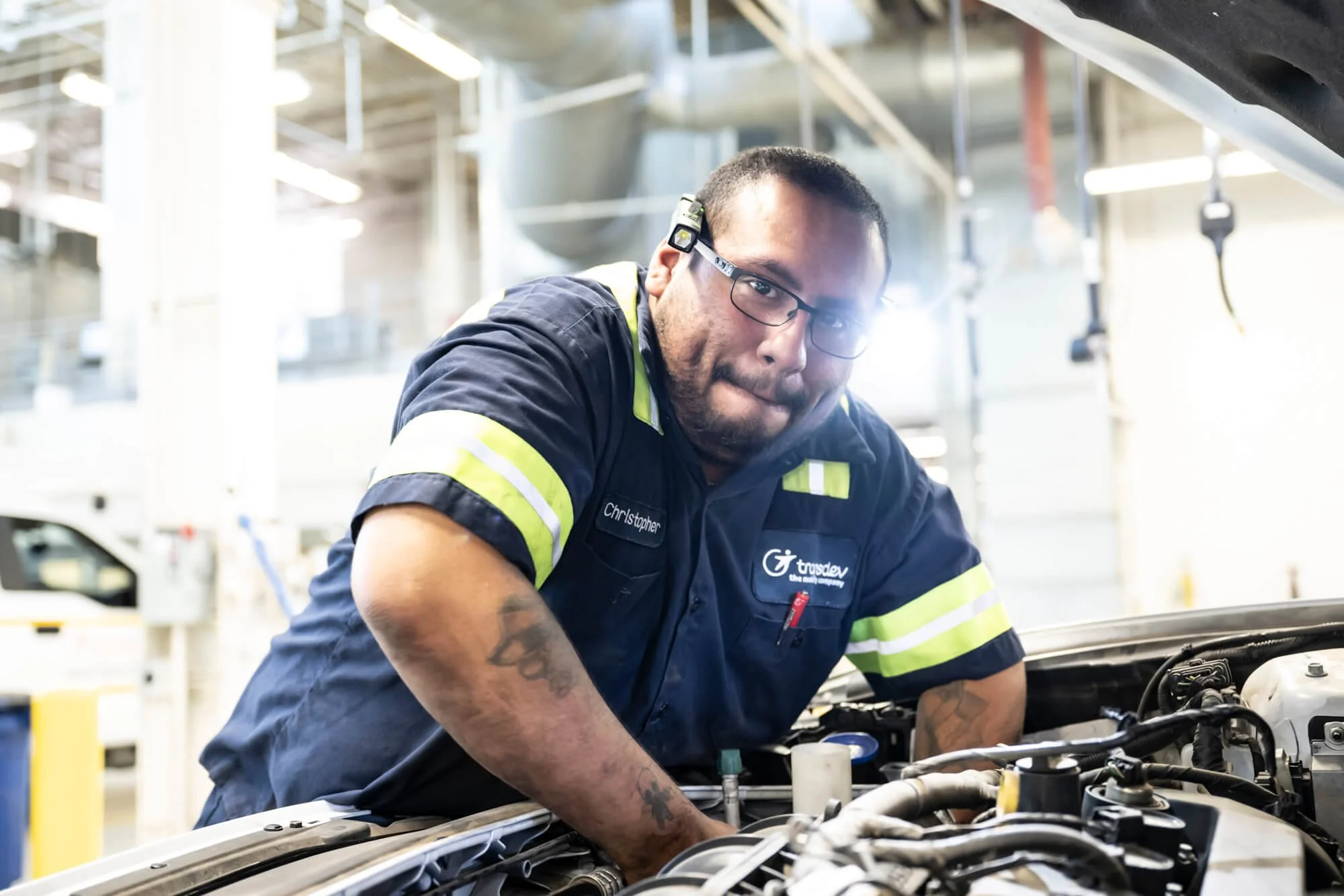 Portrait of mechanic at Transdive bus facility in San Diego, CA