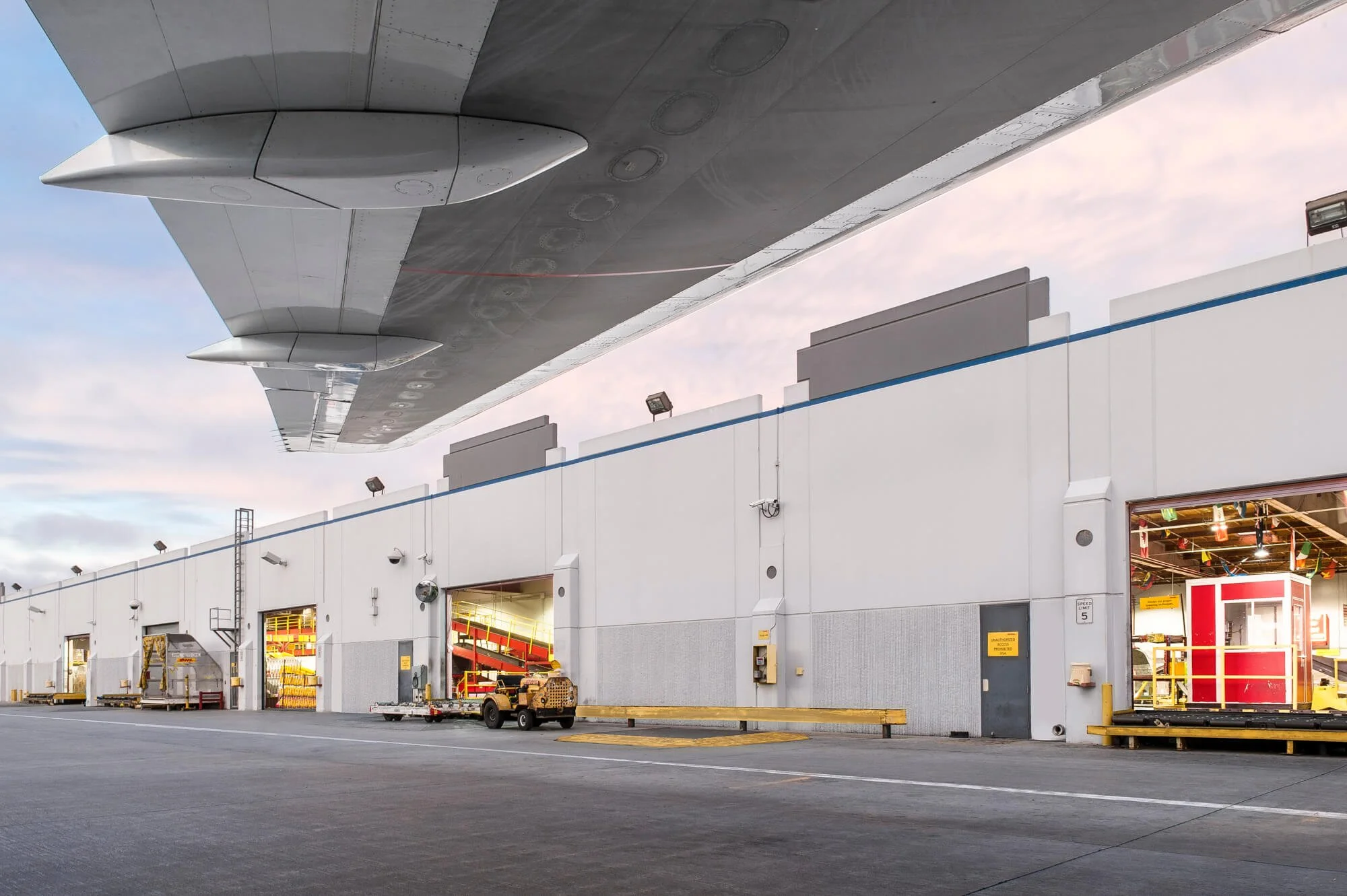 Warehouse facility with jet wing in foreground, photographed for Prologis in San Diego