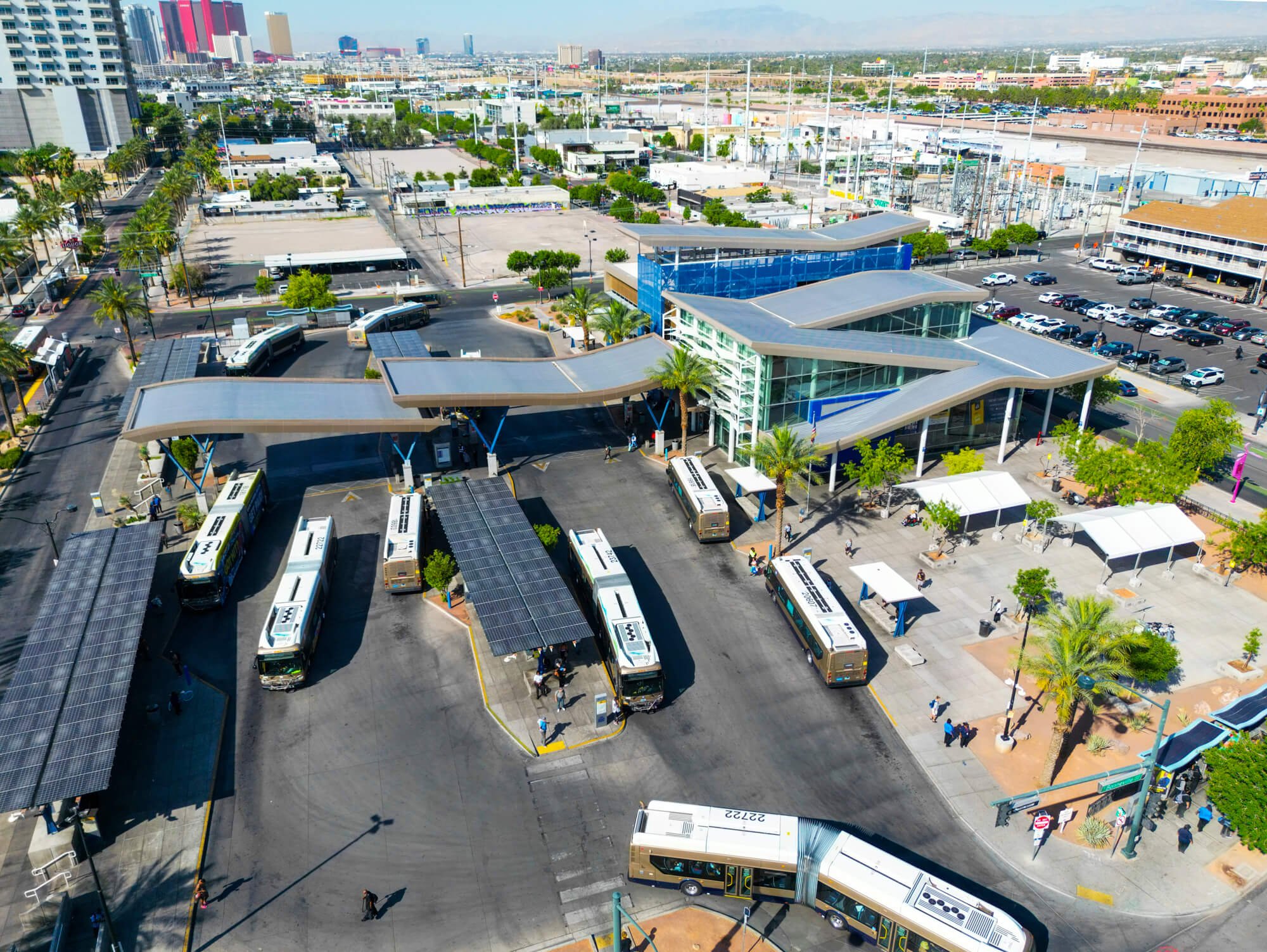 Drone photograph of bus station in Las Vegas.